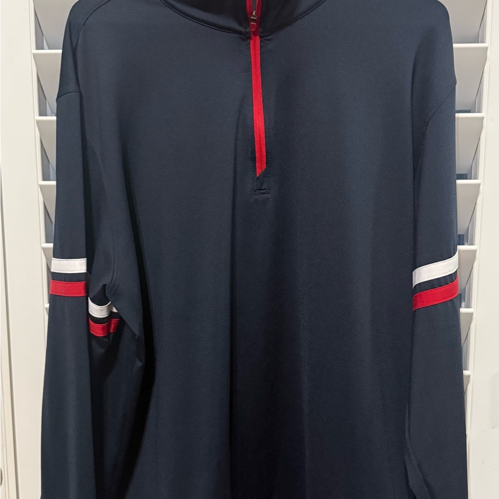 Chick-fil-A Vintage Flare Navy Quarter-Zip Pullover with Red and White Stripes